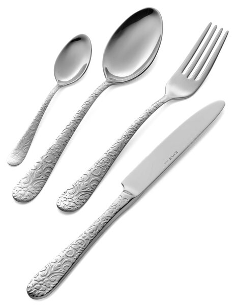 Portofino Cutlery Set 1 Table Setting Pieces in 18.10 Stainless Steel (AISI 304) 3 mm Thickness, Composition 1 Knife 1 Fork 1 Spoon 1 Coffee Spoon Polished Hammered