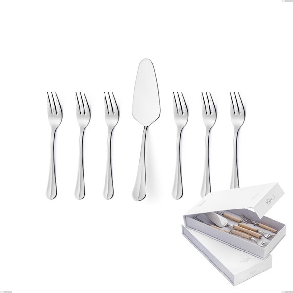 Set of 7 Royal Dessert Cutlery, Small Forks Plus Cake Server in Book-style Box, Polished 18-10 Stainless Steel, 2.5 mm Thickness