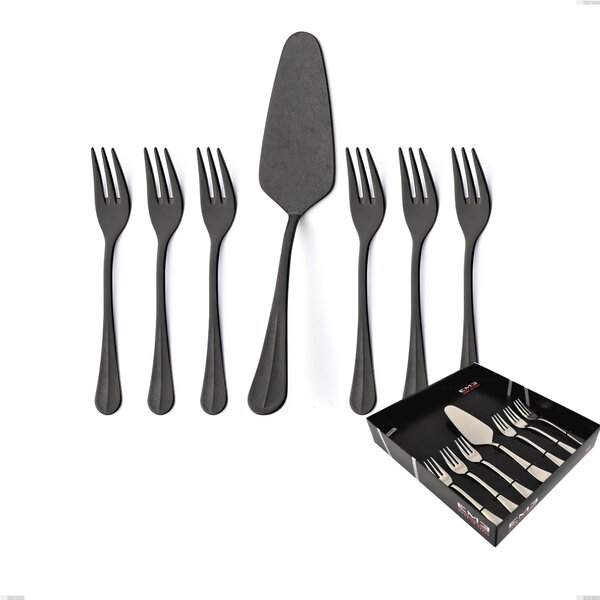 Set of 7 Dessert Cutlery, Small Forks and Dessert Server Royal Retr� PVD Black in Display Box, Antique 18/10 Stainless Steel, 2.5 mm Thickness, PVD Black Royal Retr� PVD Black