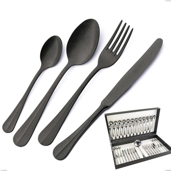 Royal Retr� PVD Black 49-Piece Cutlery Set in Canteen Box, Antique 18/10 Stainless Steel, 2.5mm Thickness, PVD Black