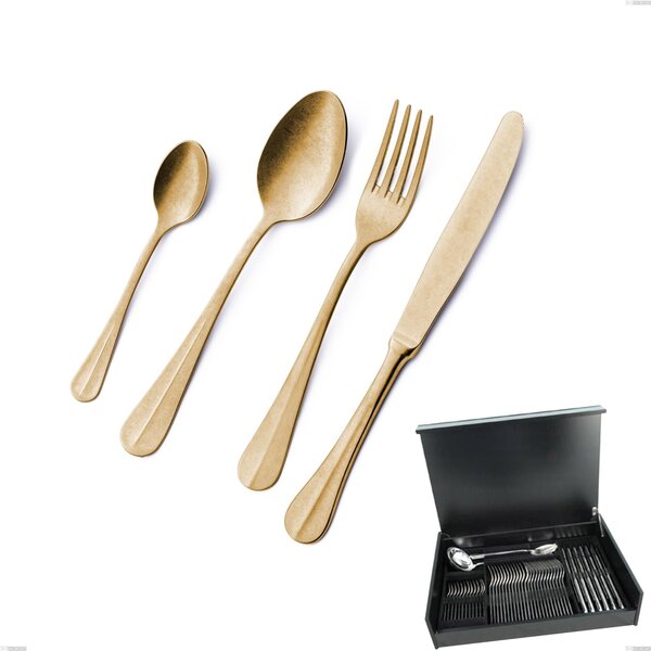 51-Piece Royal Retr� PVD Gold Cutlery Set in Wooden Case, Antique 18/10 Stainless Steel, 2.5 mm Thickness, Gold PVD