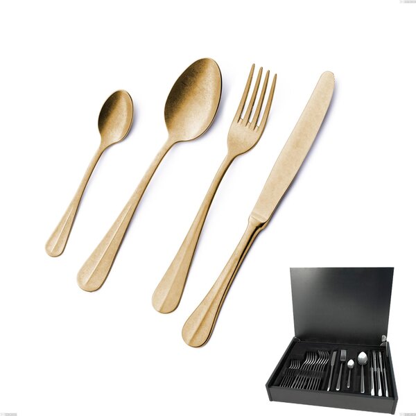 24 Piece Royal Retr� PVD Gold Cutlery Set in Wooden Case, Antique 18/10 Stainless Steel, 2.5 mm Thickness, PVD Gold