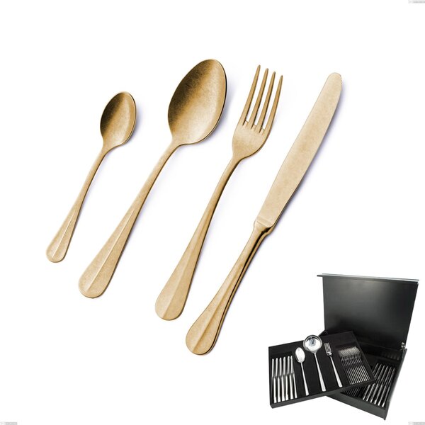 75-Piece Royal Retr� PVD Gold Wooden Case Cutlery Set, Antique 18/10 Stainless Steel, 2.5 mm Thickness, PVD Gold