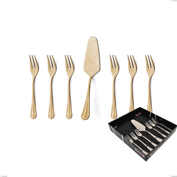 Set of 7 dessert cutlery, small forks and dessert Server Royal Retr� PVD Gold in showcase packaging, Antique 18/10 Stainless Steel, 2.5 mm thickness, gold PVD