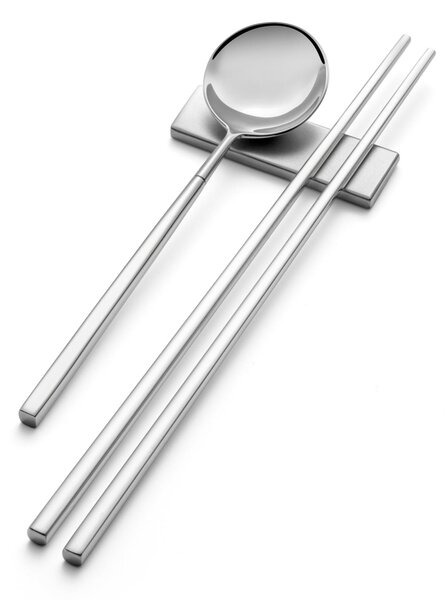 KYOTO SUSHI 18.10 Forged Stainless Steel Cutlery Set Includes 3 Pieces, Chopstick 250 mm, Spoon 183 mm with Polished Stainless Steel Finish Plus Rest