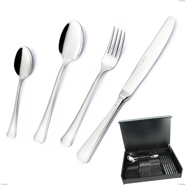 Savoia Argento 8 micron 51-piece cutlery set, 8 micron silver plated, 3 mm thickness in wooden box from canteen, Stainless steel Aisi 304 Silver Finish