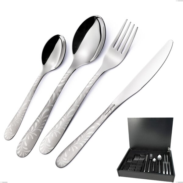24-Piece Cutlery Set in Wooden Case Economical Knife Segno Mediterraneo, Stainless Steel 18/10 (aisi 304) Laser Engraving, 1.8 mm Thickness