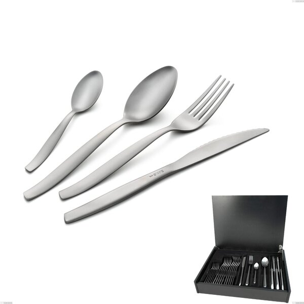Shark Sandblasted 24 Piece Cutlery Set in Wooden Case, Economical Knife, 18/0 Satin Stainless Steel, 2 mm Thickness