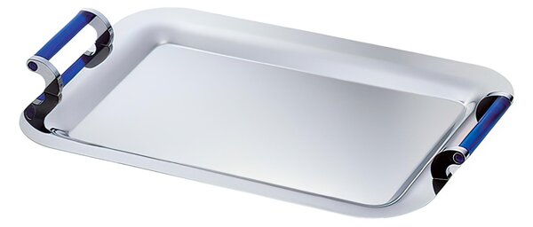 Medium Rectangular Tray with Handles, Dimensions 43x30 cm - VULCANO EME Line in Polished Stainless Steel with Blue Methacrylate Handle Inserts
