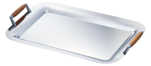 Rectangular Tray with Handles 43x30 cm - APLOLLO EME Line Polished Stainless Steel with Wooden Handles