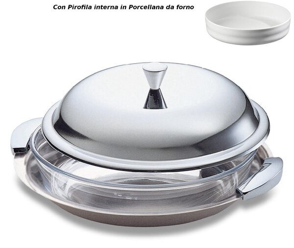 Round Risotto dish with Porcelain Interior DOMINO Sandblasted � 30 cm in Stainless Steel with Lid