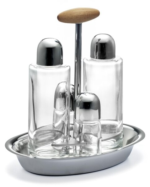 Oval Base Apollo Polished Steel Oil Bottle with Glass Vials and Drip-Saving Cap, Wooden Handle