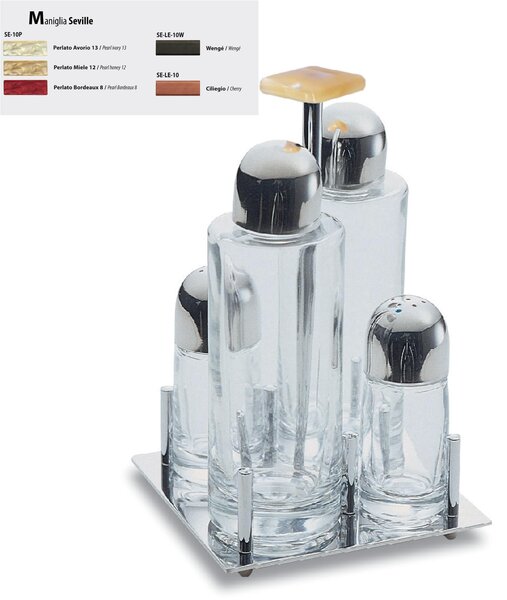 Seville Square Base Polished Stainless Steel Oil and Vinegar Set with Glass Bottles and Coloured Handle