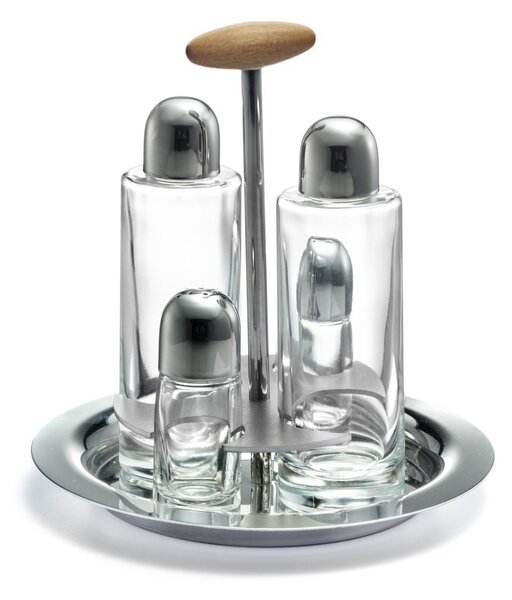 Apollo Round Base Polished Stainless Steel Oil Cruet with Glass Bottles and Drip-Saving Cap, Wooden Handle