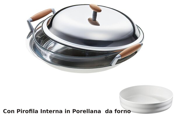 Round Risotto dish Rotonda with Apollo � 30 cm with Porcelain Casserole Dish, Polished Stainless Steel Finish, Wood Handle with Polished Finish