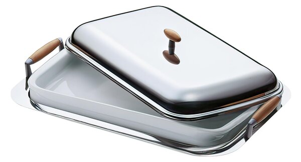 Apollo Rectangular Baking Dish with Lid and Gloss Finish Porcelain 47x30.5cm Wooden Handles Cutlery