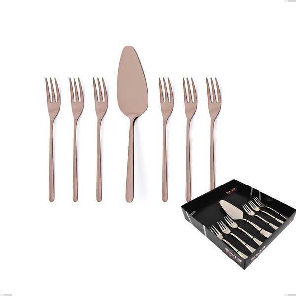Set of 7 Dessert Cutlery, Small Forks Plus Cake Server Venice Copper Bronze in Showcase Packaging, Stainless Steel 18-10 Bronze PVD Treatment, 4 mm Thickness Venice Copper Bronze