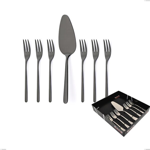 Set of 7 Venice Gun Metal Dessert Cutlery, Small Forks and Cake Server, Gunmetal PVD Coated 18-10 Stainless Steel, 4 mm Thickness in Showcase Packaging