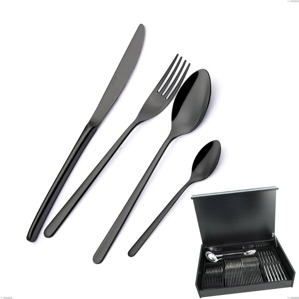 51-Piece Venice Gun Metal Cutlery Set in Wooden Case, 18-10 Stainless Steel with Gunmetal PVD Treatment, 4 mm Thickness