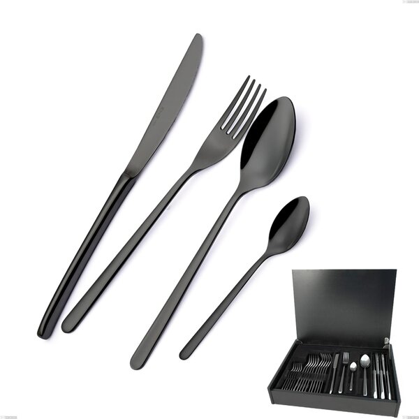 24-piece Venice Gun Metal cutlery set in wooden case, 18-10 stainless steel with gunmetal PVD treatment, 4 mm thickness