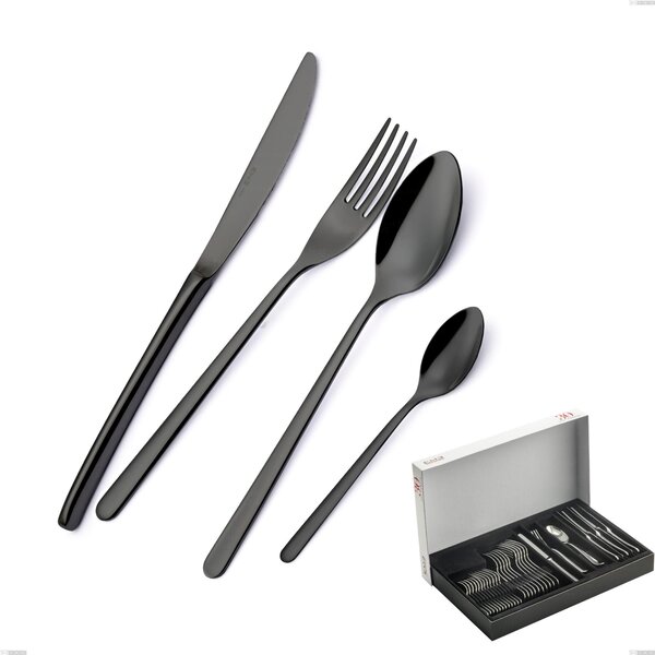 30-Piece Venice Gun Metal Cutlery Set in Panoramic Packaging, 18-10 Stainless Steel with Gunmetal PVD Coating, 4mm Thickness