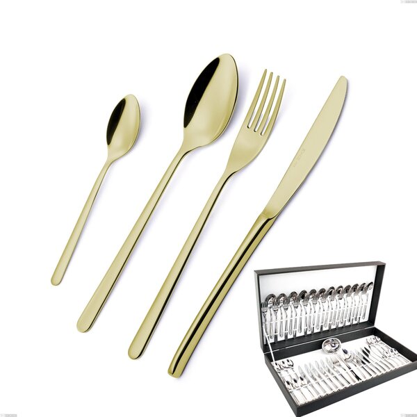 51-Piece Venice Tin Gold Cutlery Set in Canteen Box, 18-10 Stainless Steel with Gold PVD Coating, 4mm Thickness