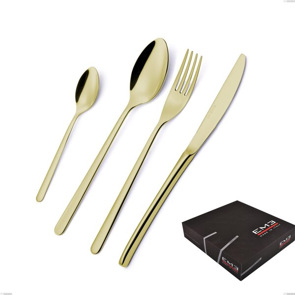 Venice Tin Gold 49 Piece Cutlery Set in Gift Box, Stainless Steel 18-10 with Gold PVD Coating, 4 mm Thickness