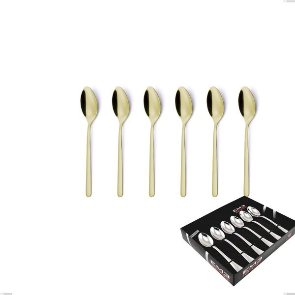 Set of 6 Venice Tin Gold Coffee Spoons in Display Box, Stainless Steel 18-10 with Gold PVD Coating, 4 mm Thickness