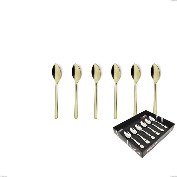 Set of 6 Venice Tin Gold Moka Spoons in Display Box, 18-10 Stainless Steel with Gold PVD Treatment, 4 mm Thickness