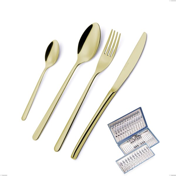 75-Piece Venice Tin Gold Cutlery Set in Gift Case, Stainless Steel 18-10 with Gold PVD Treatment, 4mm Thickness