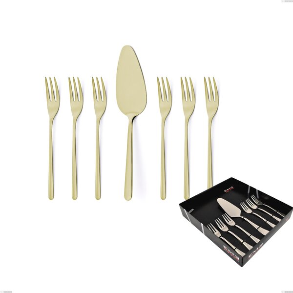 Venice Tin Gold 7-piece Dessert Cutlery Set, Small Forks and Cake Server, Showcase Packaging, 18-10 Stainless Steel with Gold PVD Coating, 4 mm Thickness