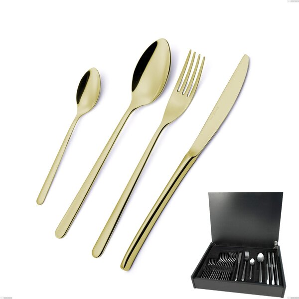 24-Piece Cutlery Set in Wooden Case Venice Tin Gold, Stainless Steel 18-10 with Gold PVD Coating, 4 mm Thickness