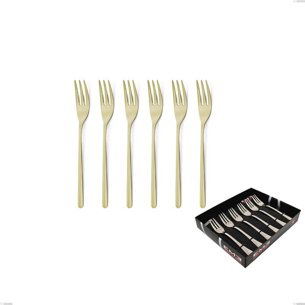 Set of 6 Venice Tin Gold Dessert Forks in Showcase Packaging, 18-10 Stainless Steel with Gold PVD Coating, 4 mm Thickness