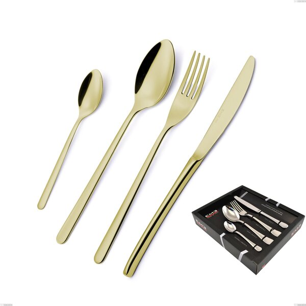 Venice Tin Gold 24 Piece Cutlery Set in Showcase Box, 18-10 Stainless Steel with Gold PVD Treatment, 4 mm Thickness