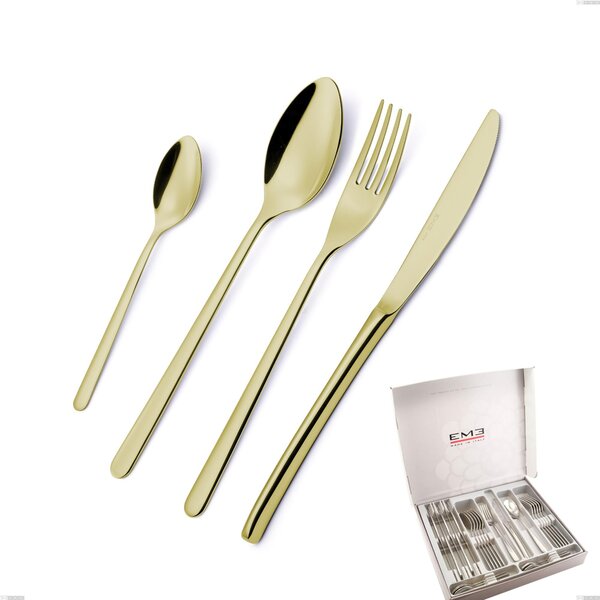 Venice Tin Gold 24 Piece Cutlery Set in Box, 18-10 Stainless Steel with Gold PVD Treatment, 4 mm Thickness