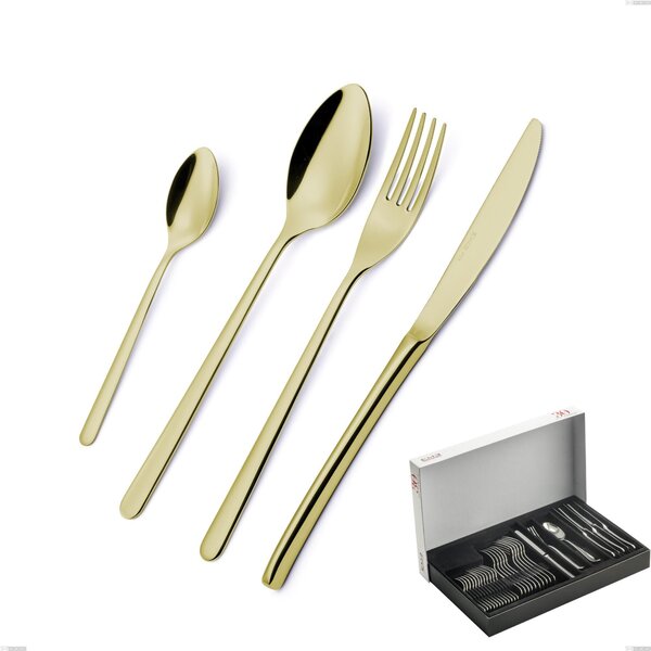 30-Piece Venice Tin Gold Cutlery Set in Panoramic Packaging, 18-10 Stainless Steel with Gold PVD Coating, 4 mm Thickness