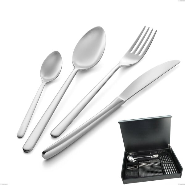 Venice Sandblasted 51-Piece Cutlery Set in Wooden Canteen Box, Sandblasted Stainless Steel Aisi 304, 4 mm Thickness