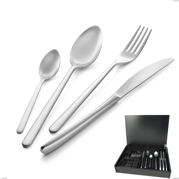 Venice Sandblasted 24-piece cutlery set in Wooden Canteen Box, Sandblasted stainless steel Aisi 304, 4 mm thickness