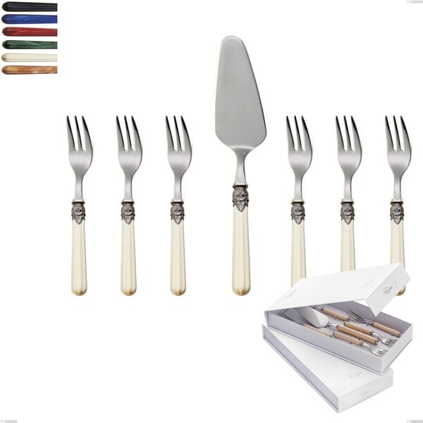 Versailles 7-piece dessert cutlery set, including small forks and a cake server, presented in a book-style box, Polished 18/10 AISI 304 stainless steel with acrylic handle