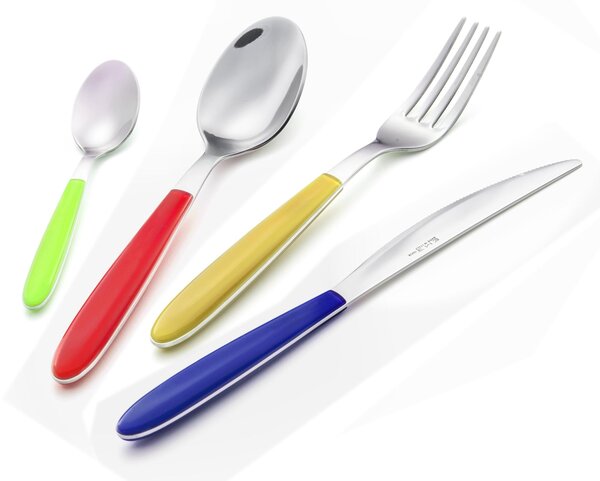 VERO Colourful Cutlery Set 24 Pieces with 6 Knives, 6 Forks, 6 Spoons, 6 Teaspoons (Mixed Colours 24 Pieces) - Green-Red-Yellow-Blue