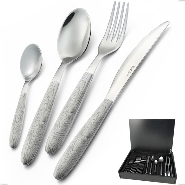 24-Piece Cutlery Set in Birch Wood Case, 18.0 Steel, PBT Handle with Polished Steel Sublimation, Vero Betulla