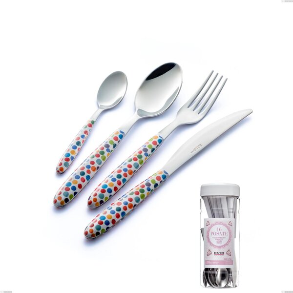 French Jar Packaging 16 Pieces Cutlery Set Vero Coriandoli, 18.0 Stainless Steel Nickel Free, PBT Sublimated Handle Polished Steel