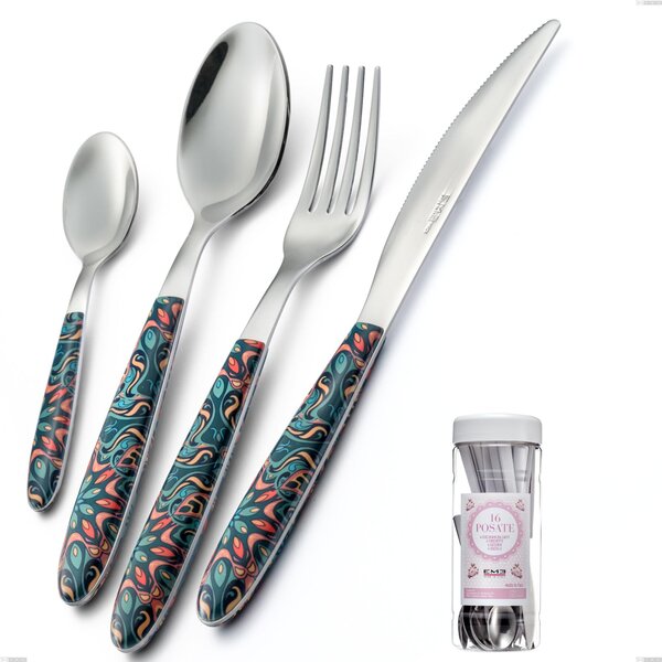 French Jar Packaging Cutlery Set 16 Pieces Vero Damasco, 18.0 Stainless Steel Nickel Free, PBT Handle with Sublimated Polished Steel