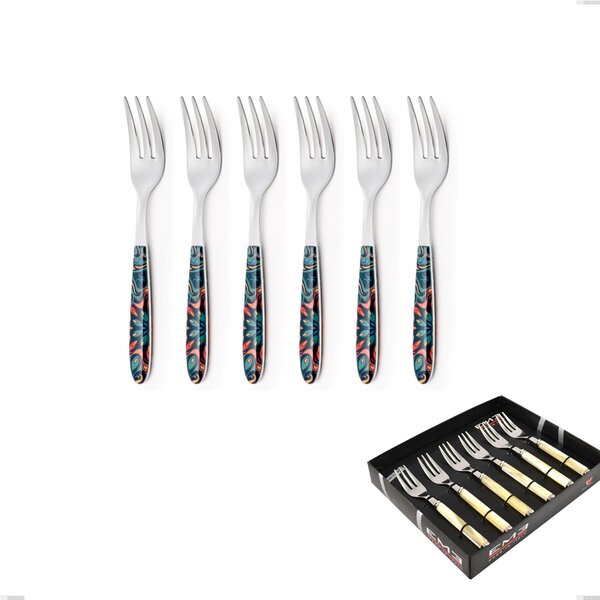 Showcase Packaging 6 Pieces Dessert Forks Vero Damasco, 18.0 Nickel Free Steel, PBT Sublimated Handle Polished Steel