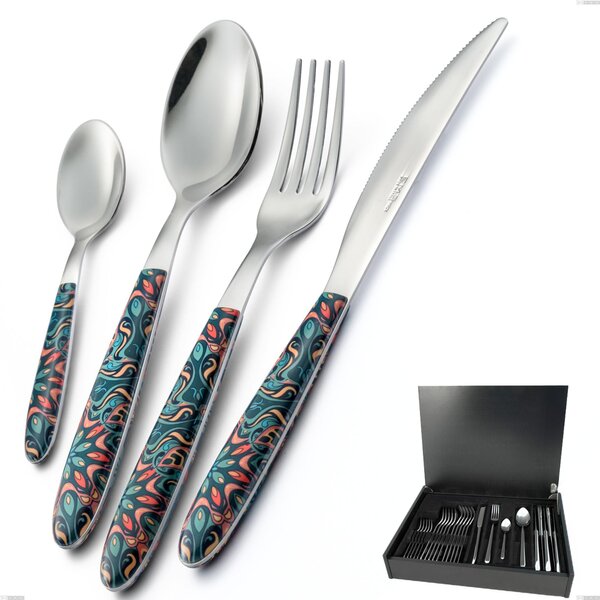 24-Piece Cutlery Set in Wooden Case, True Damascus, Nickel-Free 18.0 Steel, PBT Handle with Polished Steel Sublimation - Vero Damasco