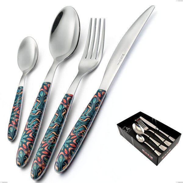 24-Piece Vero Damasco Cutlery Set in Display Case, 18.0 Nickel-Free Steel, PBT Sublimated Polished Steel Handles