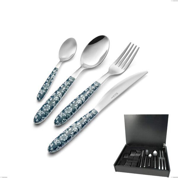 24-Piece Vero Flowers Cutlery Set in Real Wood Case, Nickel-Free 18.0 Steel, Sublimated PBT Handle with Polished Steel