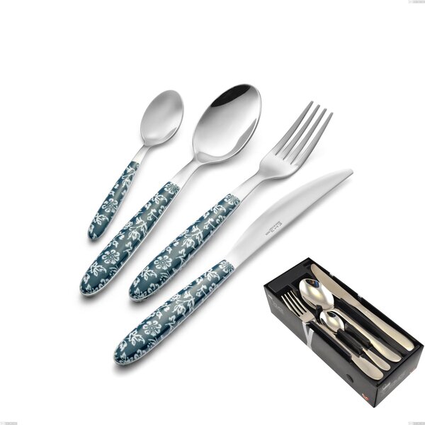 Vero Flowers 24 Piece Cutlery Set in Space-Saving Packaging, 18.0 Nickel-Free Stainless Steel, Sublimated PBT Handle with Polished Steel Finish