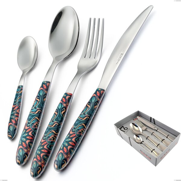 16-Piece Vero Damasco Cutlery Set in Display Case, 18.0 Nickel-Free Steel, PBT Sublimated Polished Steel Handle