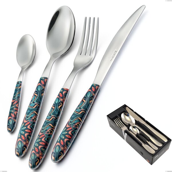 True Damascus 24 Piece Cutlery Set in Space-Saving Packaging, 18.0 Nickel-Free Steel, Sublimated PBT Handle with Polished Steel